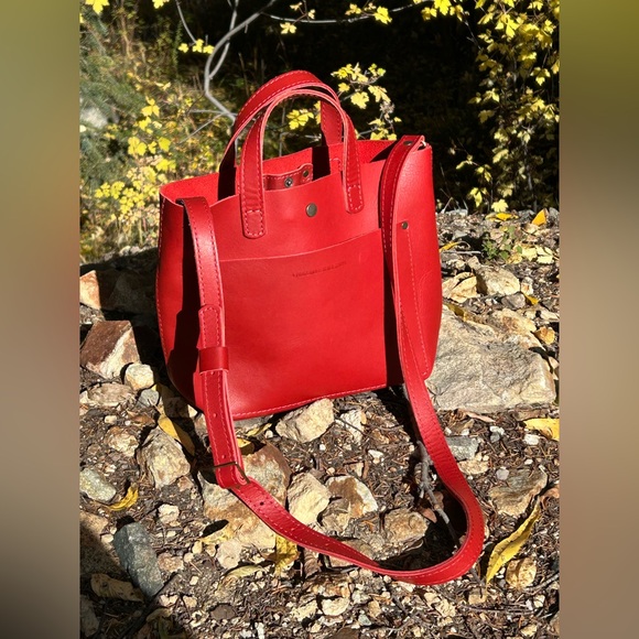 Portland Leather Goods Red Mini Crossbody Tote Smooth Leather Snap Closure - Picture 3 of 11